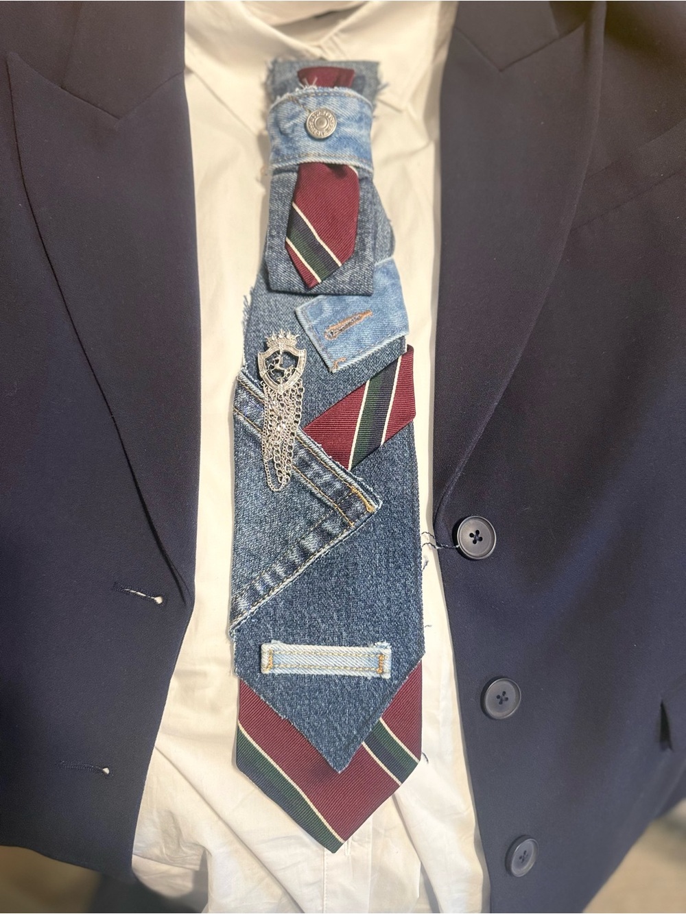 Brooks Brothers Denim Patchwork Tie with Burgundy and Green Stripes